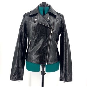 Guess NWT Embossed Snakeskin Texture Faux Leather Black Moto Jacket, Medium